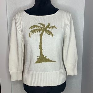 Tommy Bahama ivory tan palm tree knit sweater lightweight 3/4 sleeve 100% cotton
